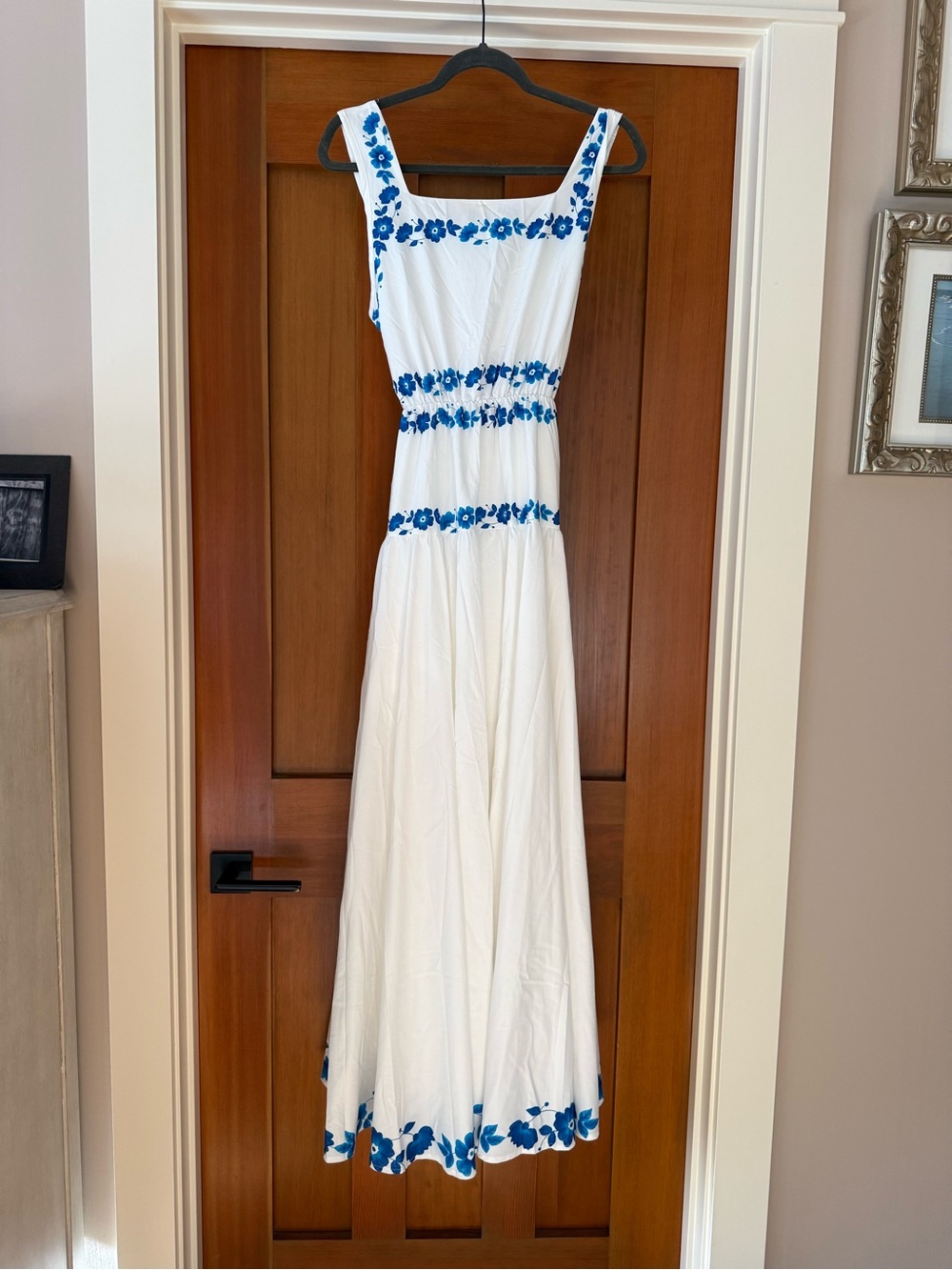 White Maxi Dress with Blue Floral Embroidery L